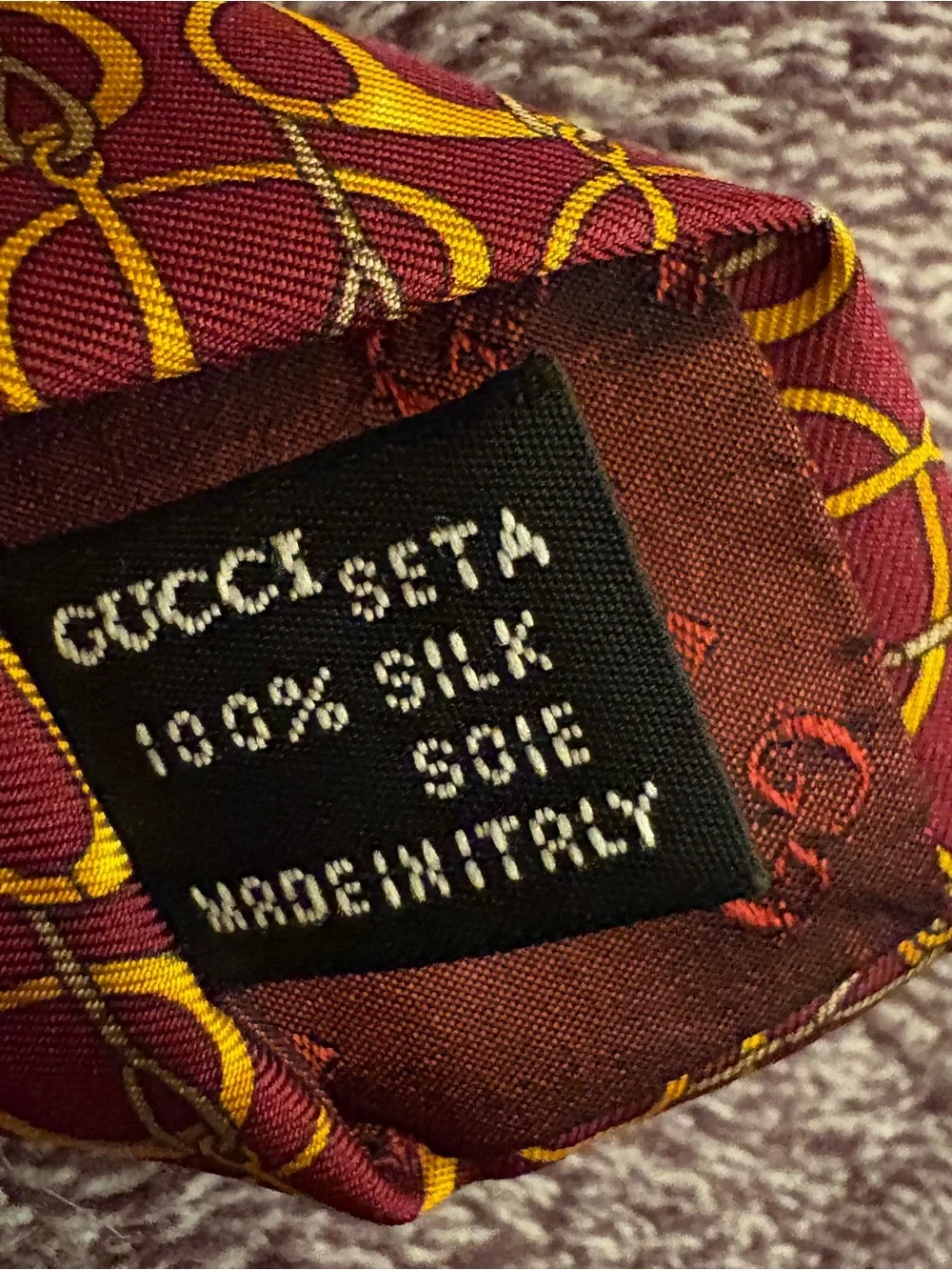 Gucci Red Silk Tie with Yellow Interlocking Pattern